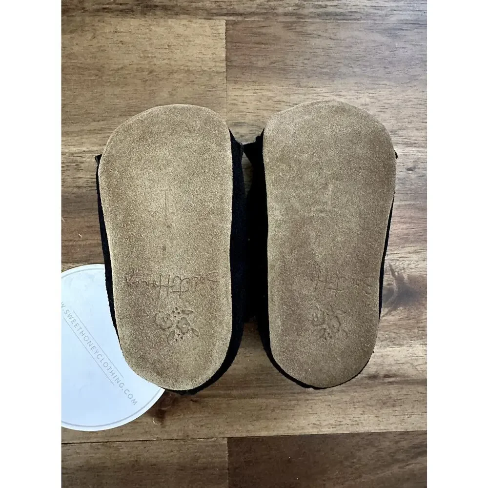NWT SweetHoney Black Big Bow Suede Ballet Shoes Slip Ons Baby 1